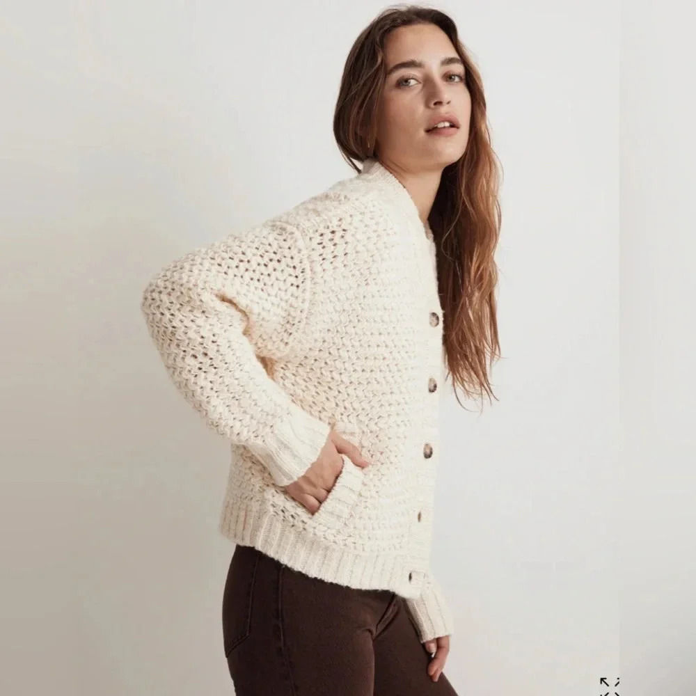 Madewell Bomber Cardigan Sweater in Antique Cream Wool